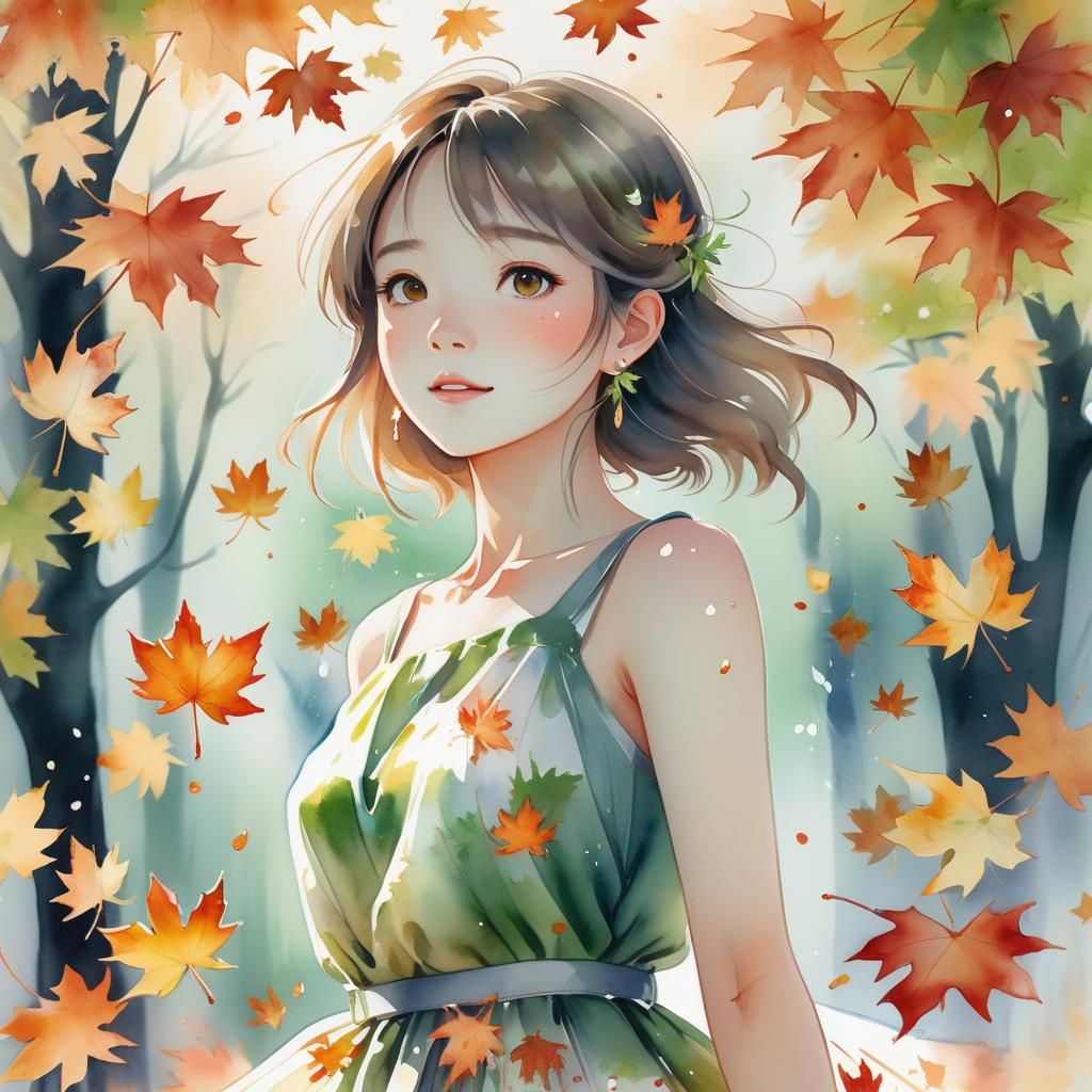 Girl in Maple Dress, Watercolour Anime Illustration