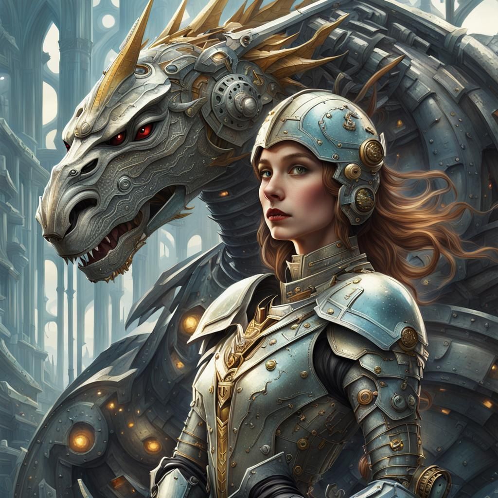 Sci-Fi Knight and Maiden Confront Mechanical Dragon