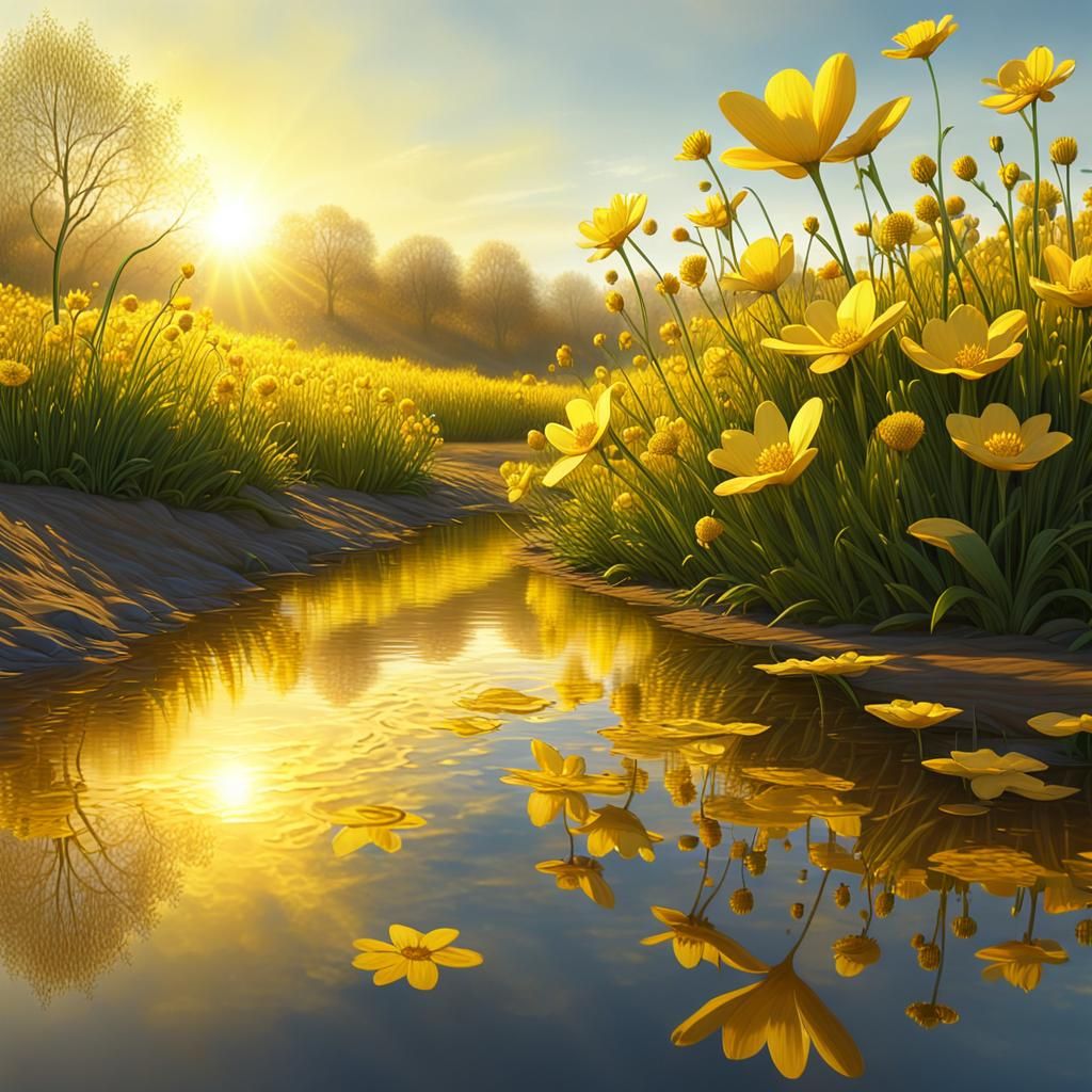 Hyperrealistic Sunrise Over Yellow Flower Field