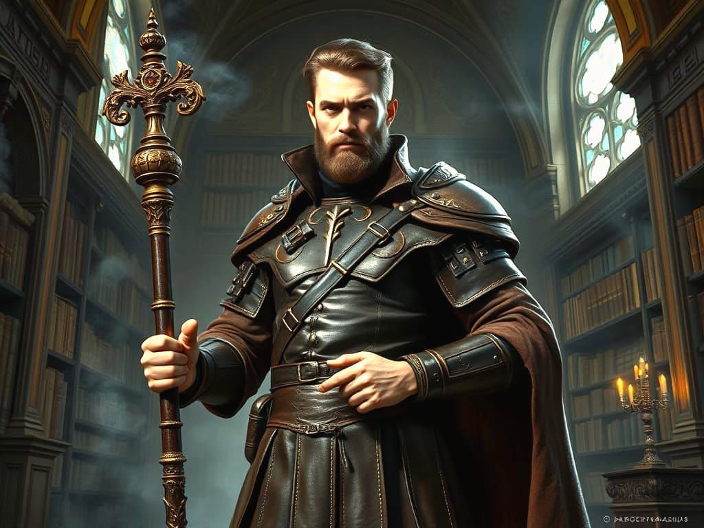 Handsome Sorcerer in Renaissance Library, Impasto Oil Style