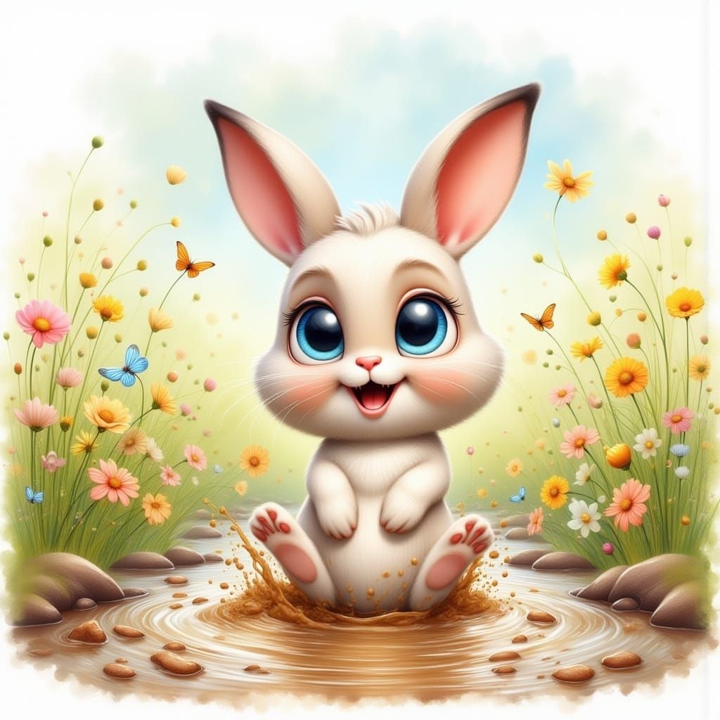 Joyful Cartoon Bunny Splashing in Mud Puddle