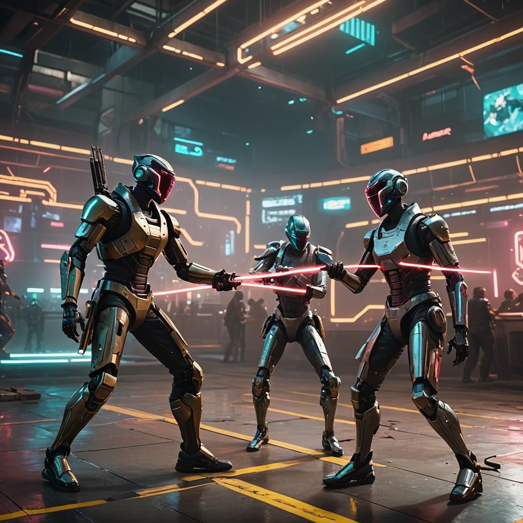 Robots Fencing in a Neon Cyberpunk Arena