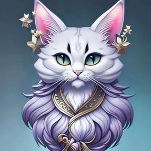 Chibi White Cat Portrait in Fantasy Art Style