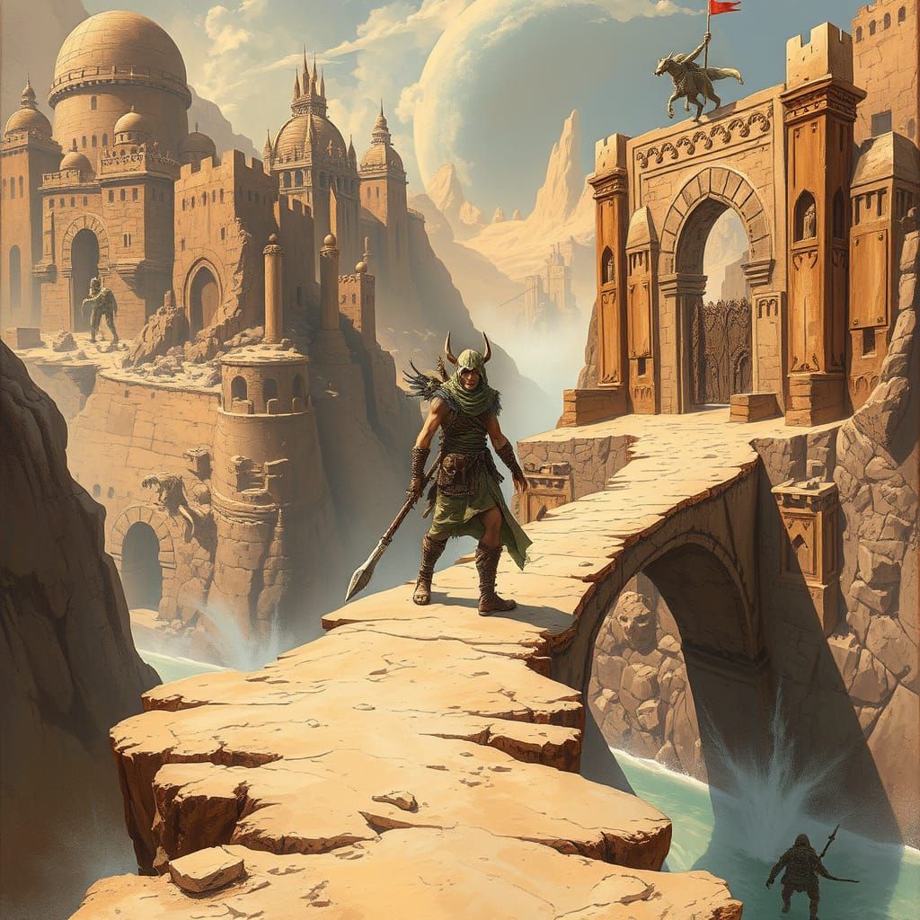 Epic Desert Elf Warrior Guards Ancient Ruins in Vibrant Fant...