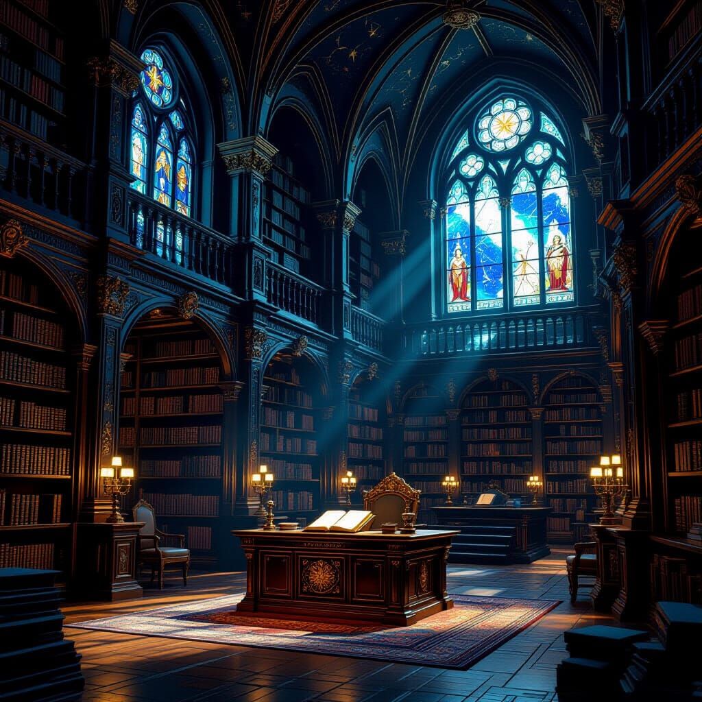 Majestic Ancient Library Bathed in Moonlight