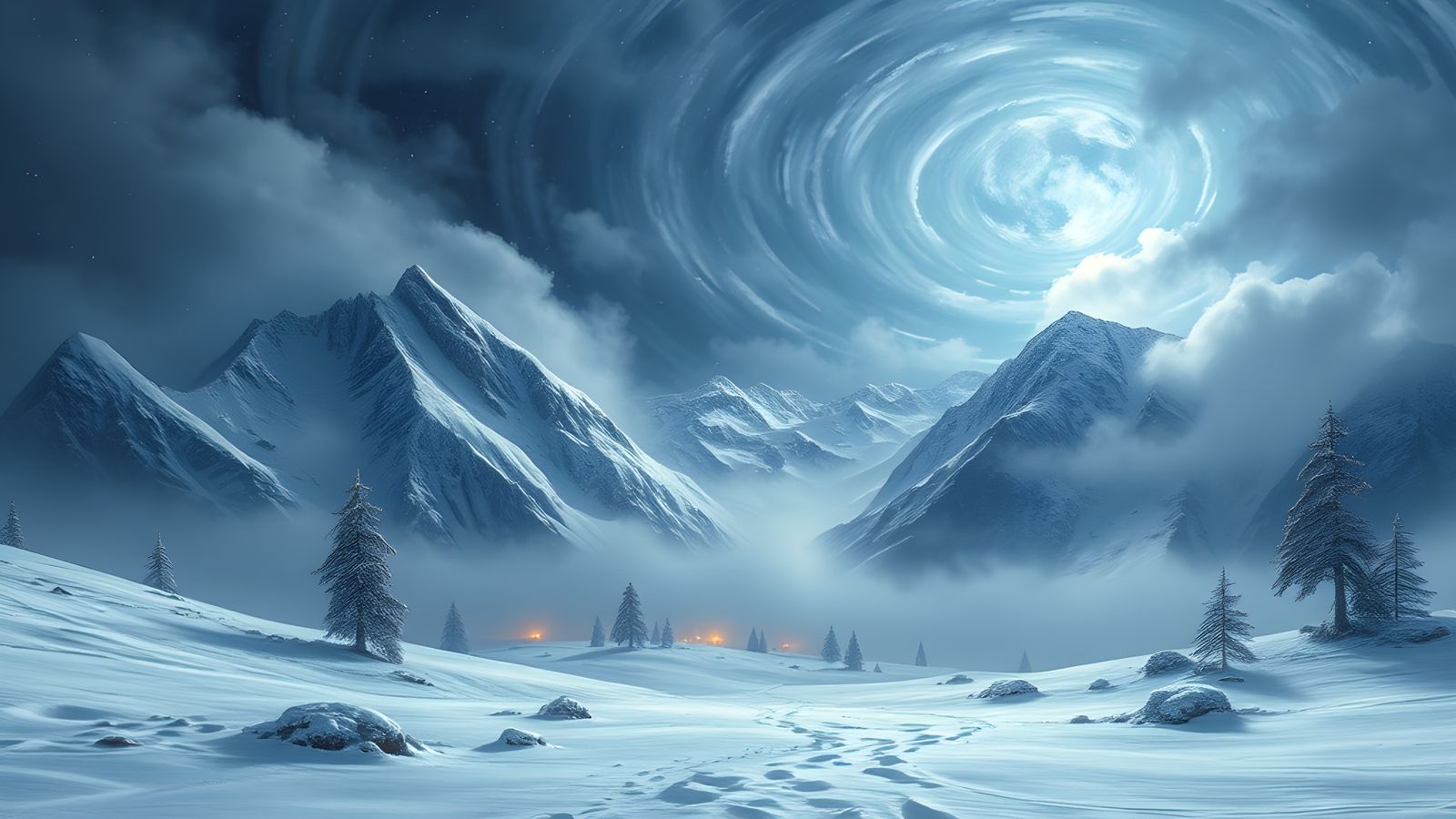 Ethereal Snowy Mountain Scene in Kinkade Style