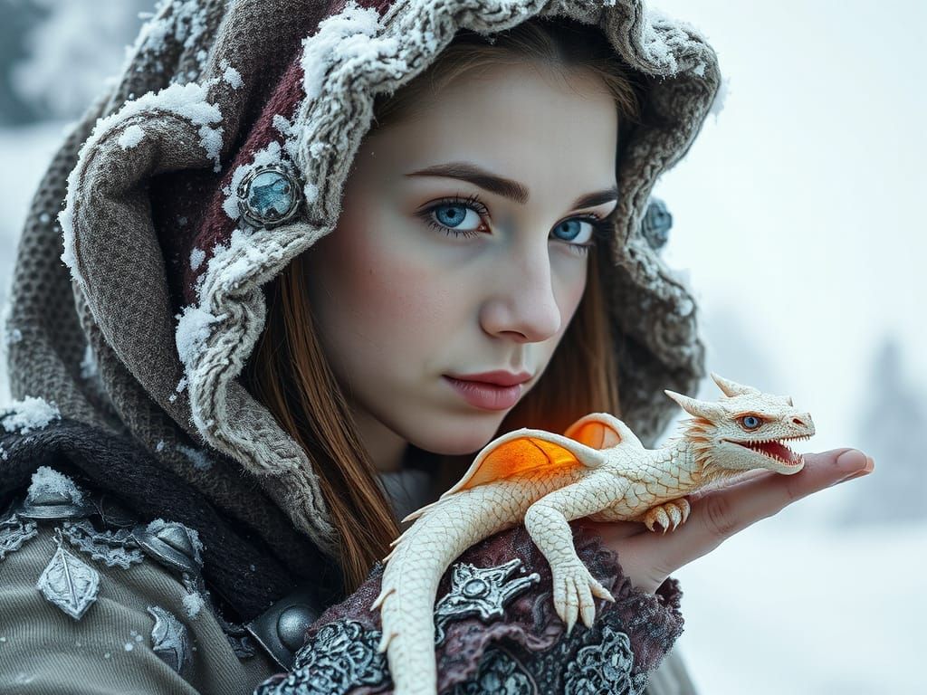 Viking Warrior Goddess with Glowing Snow Dragon