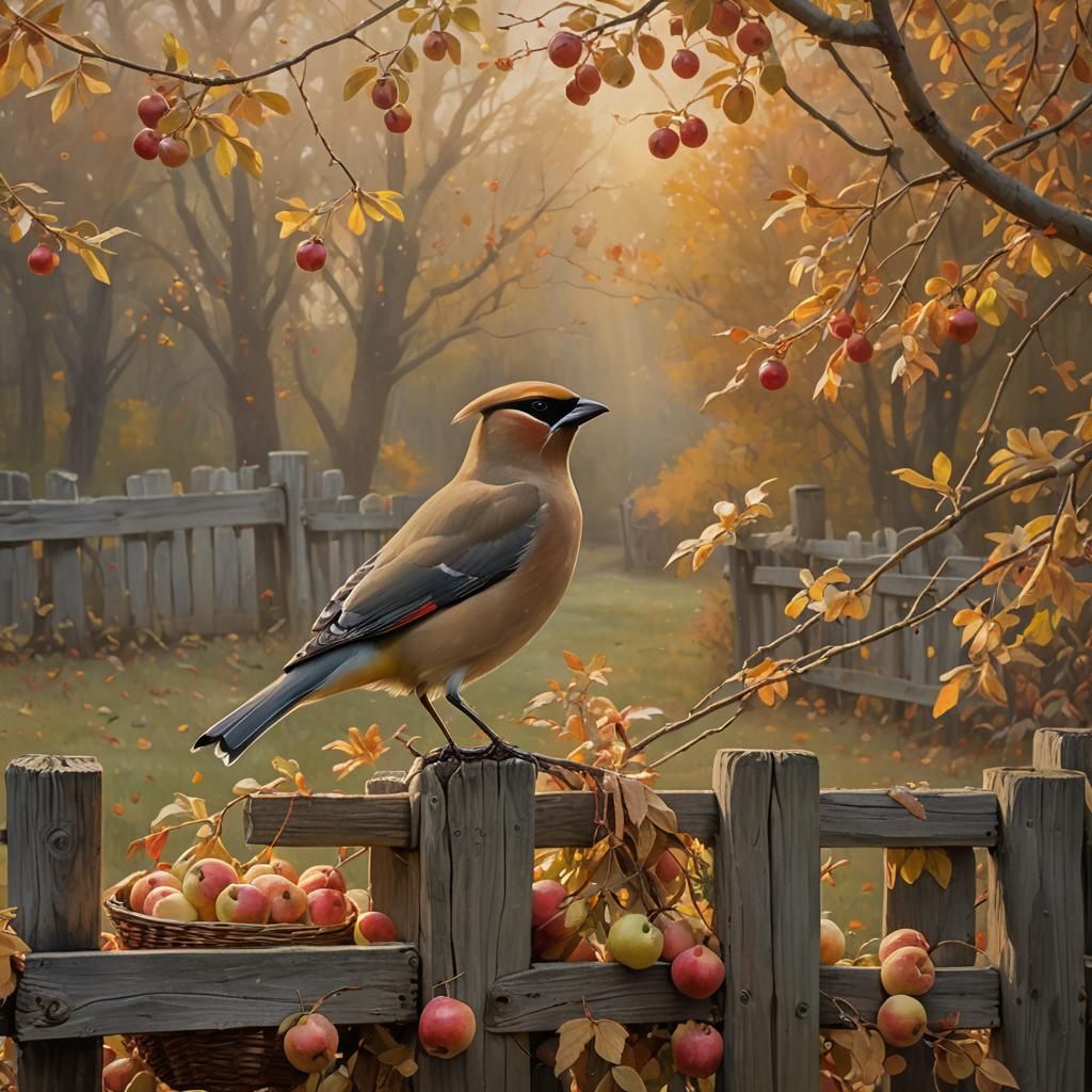 Cedar Waxwing with Apples in Impressionistic Style