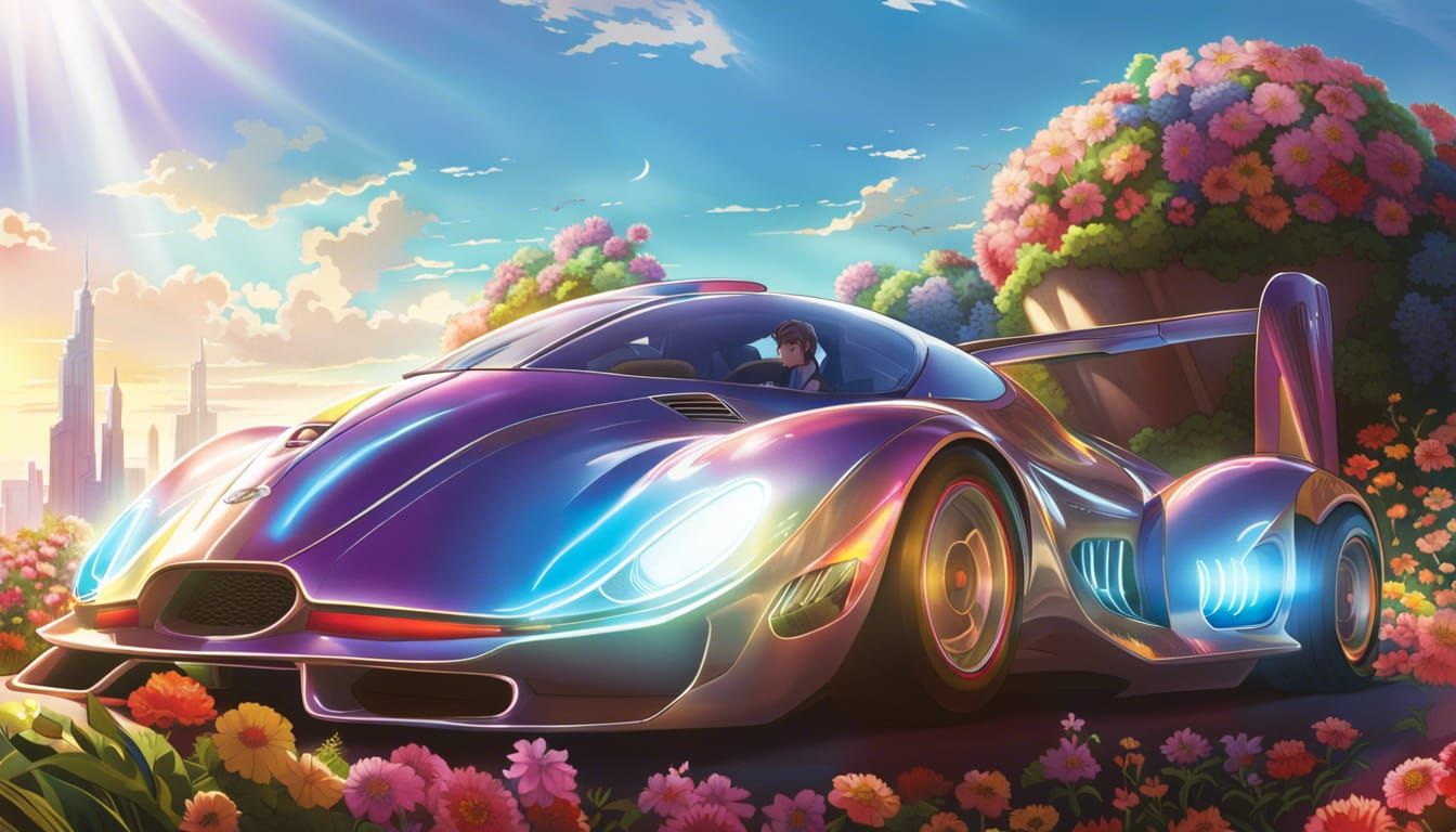 Futuristic Race Car in Fantasy Flower Field