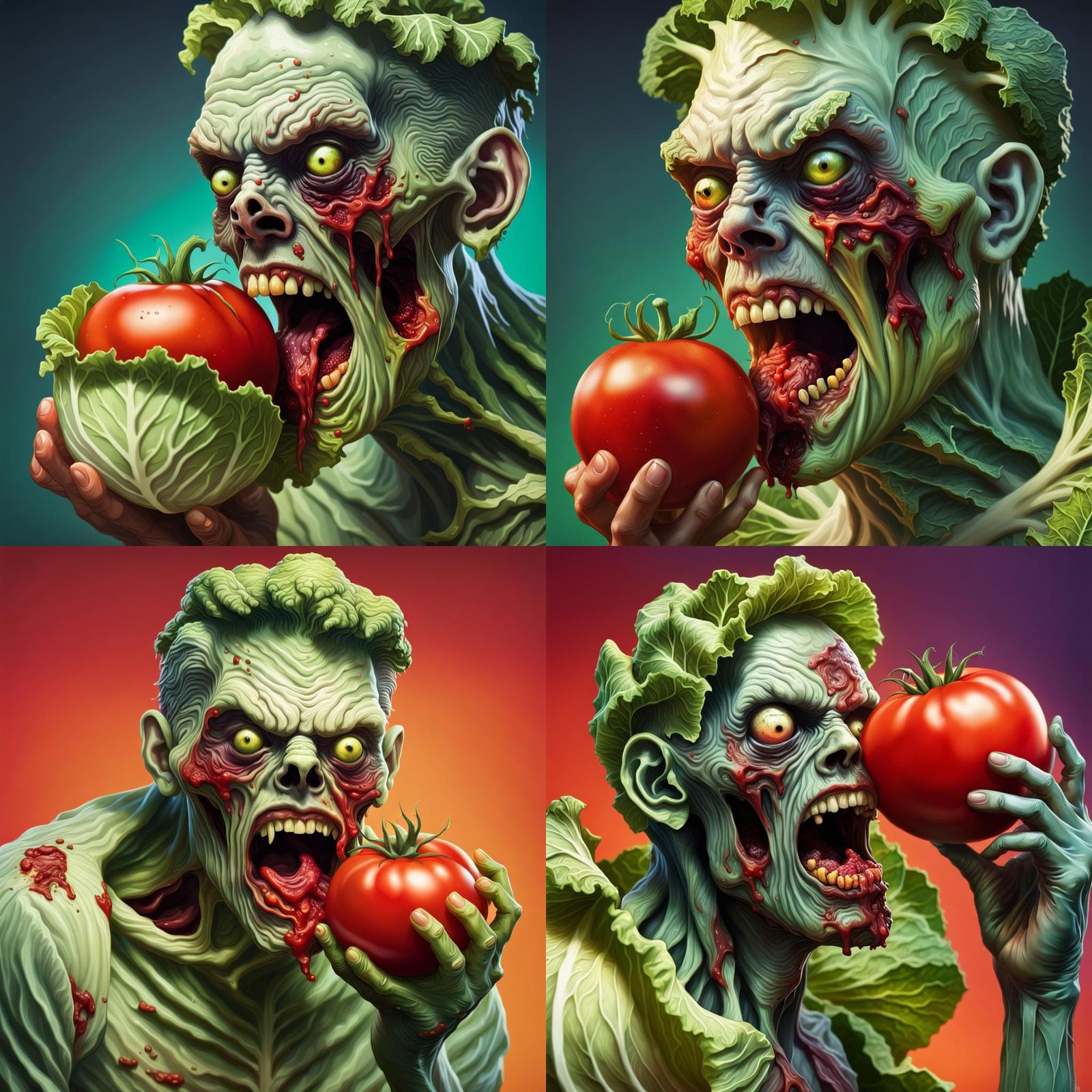 Zombie Cabbage Eats Tomato: Hyperrealistic Splash Art