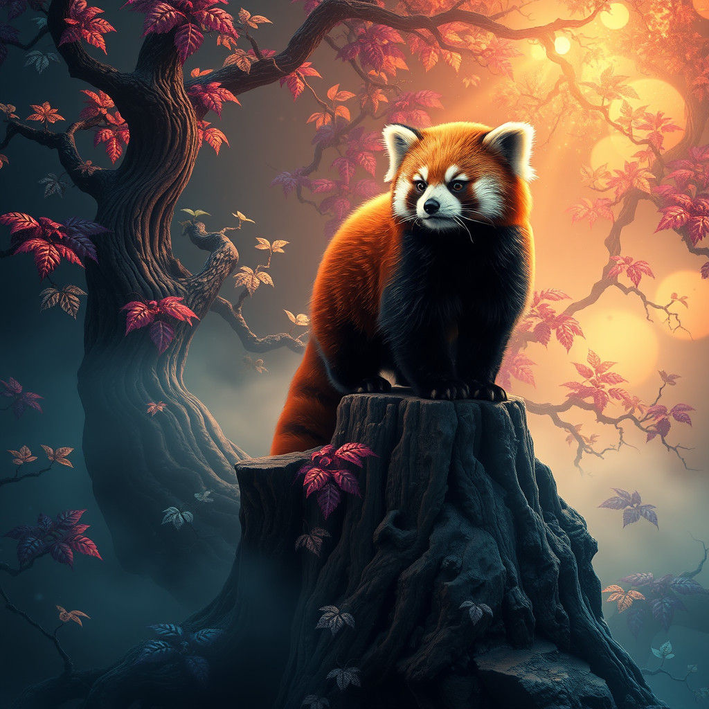 Red Panda in Mystical Forest, Digital Art