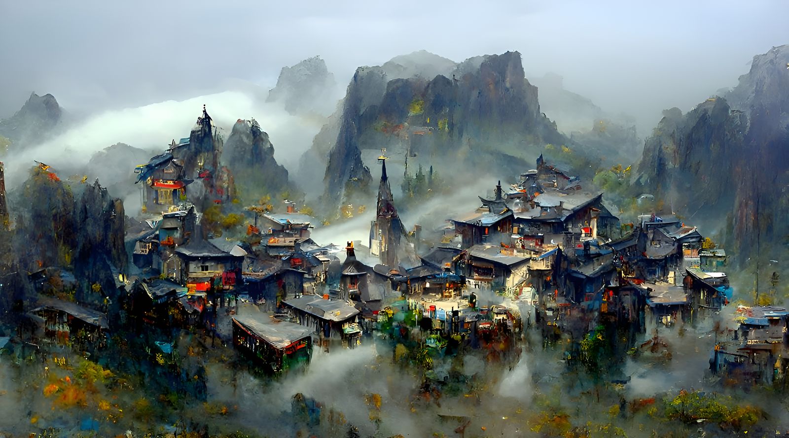 Misty Mountain Town Landscape