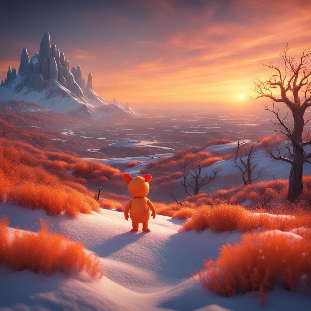 Orange Figure on Hill in Frozen Sunset Landscape