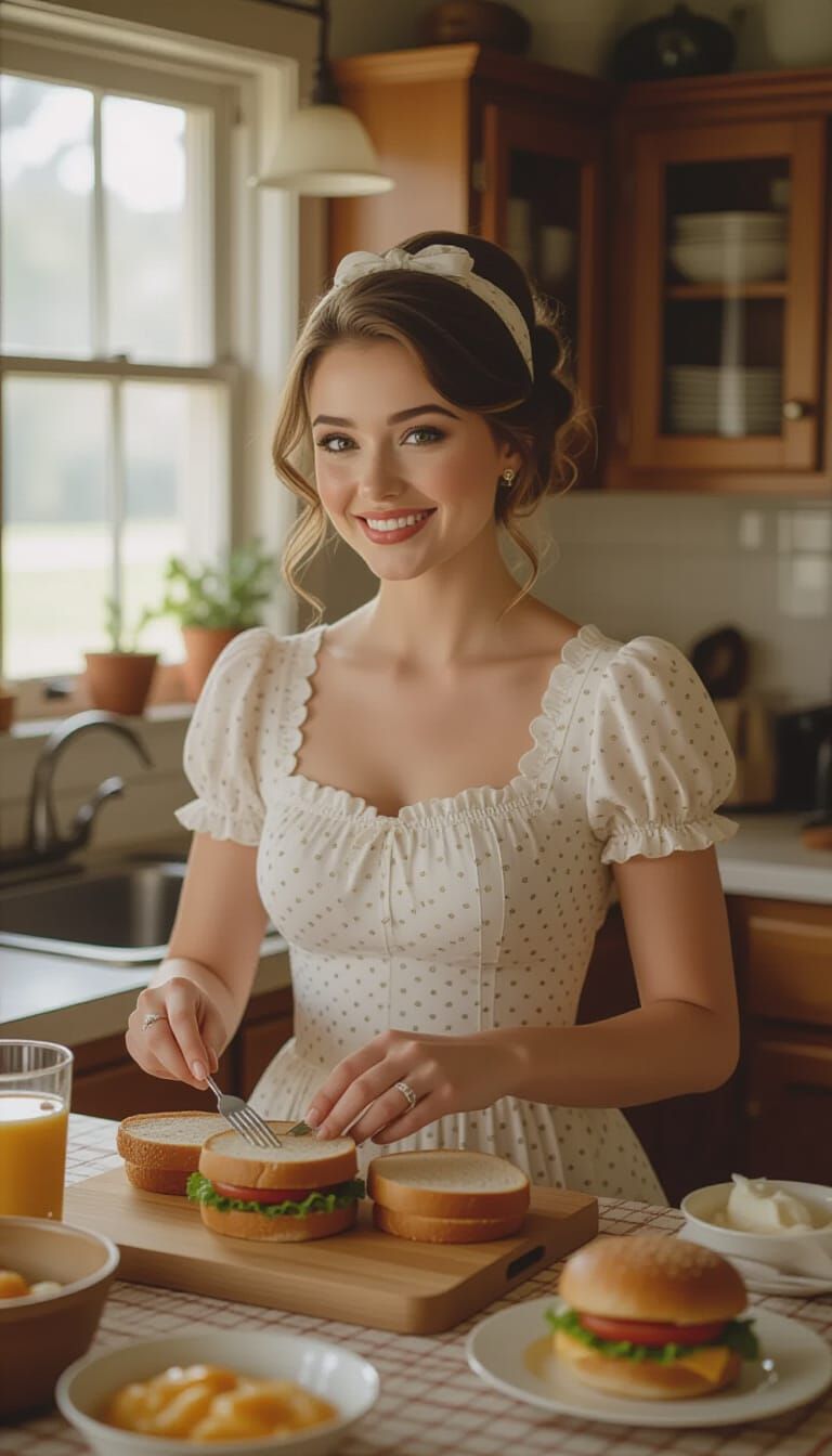 Charming Tradwife Preparing Breakfast Sandwiches in Cinemati...