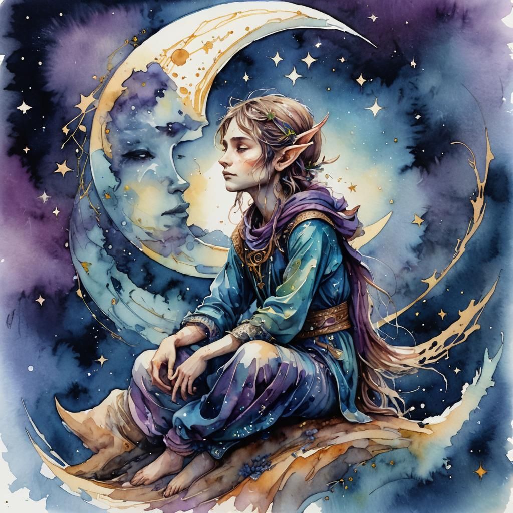 Elf Spirit on Crescent Moon Watercolor Illustration