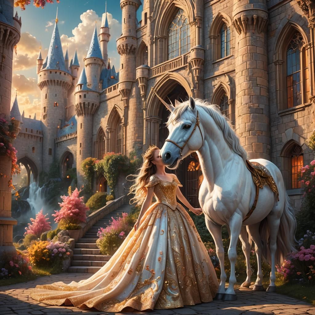 Princess and Unicorn in Fairytale Castle Concept Art