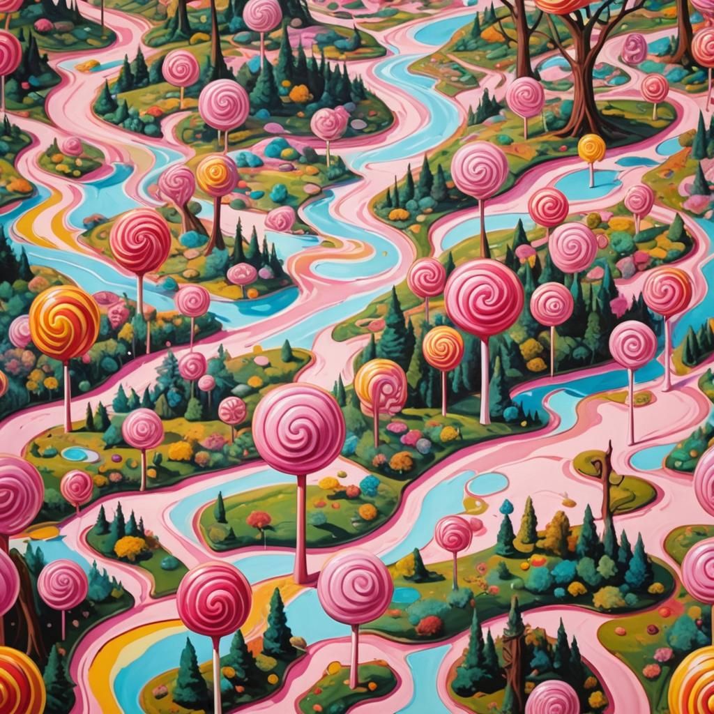 Surreal Candyland: Giant Lollipops in a Psychedelic Landscap...