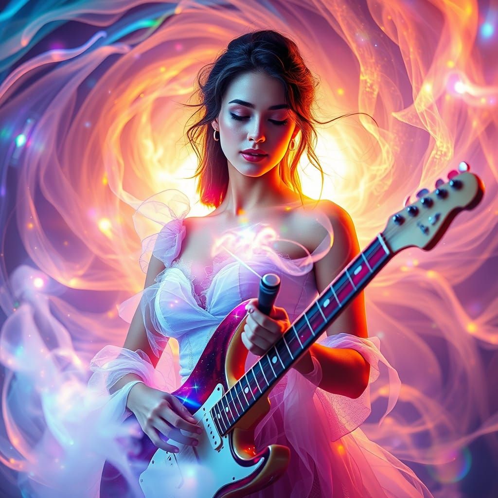Majestic Siren Guitarist Amidst Pearlescent Nebula
