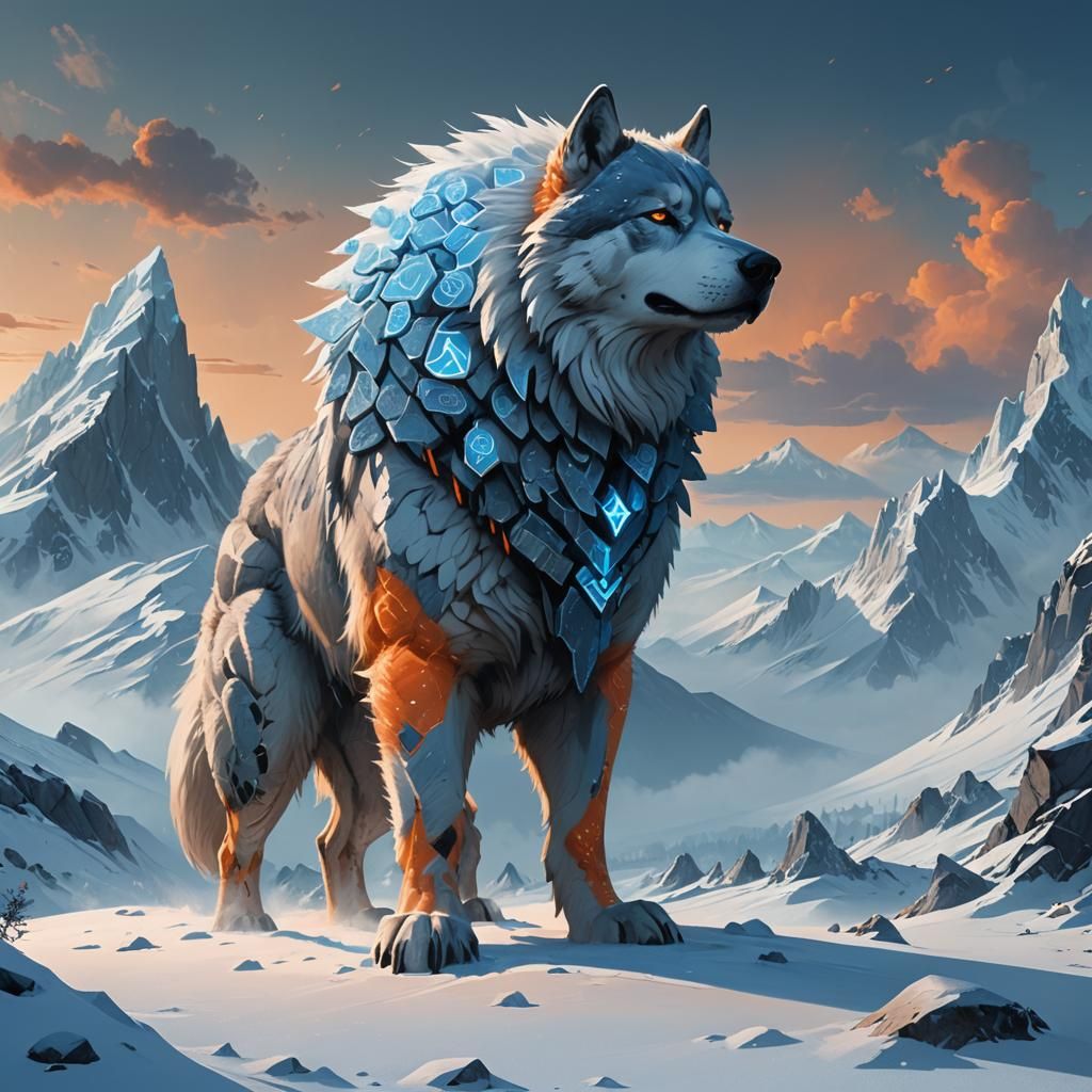 Stone Husky with Runes on Snowy Peak
