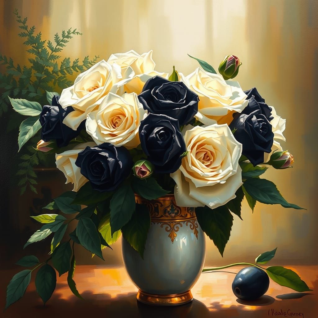 Black and White Roses in Impressionist Oil Painting