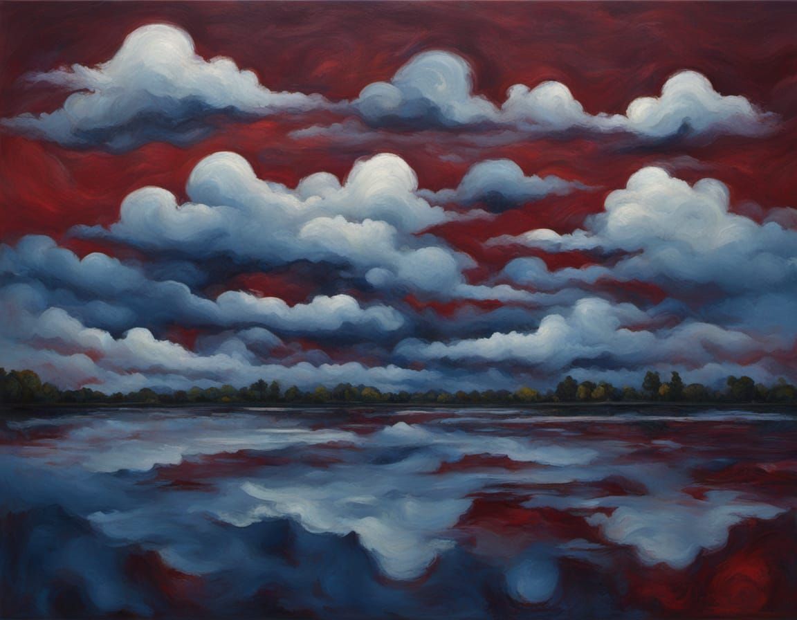 Surreal Tonalist Panorama of a Cloudy Maroon Antique