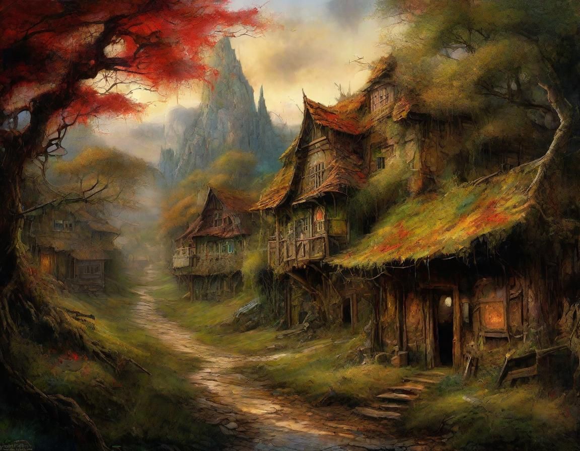 Fantastical Village Painting with Tea Stain Texture