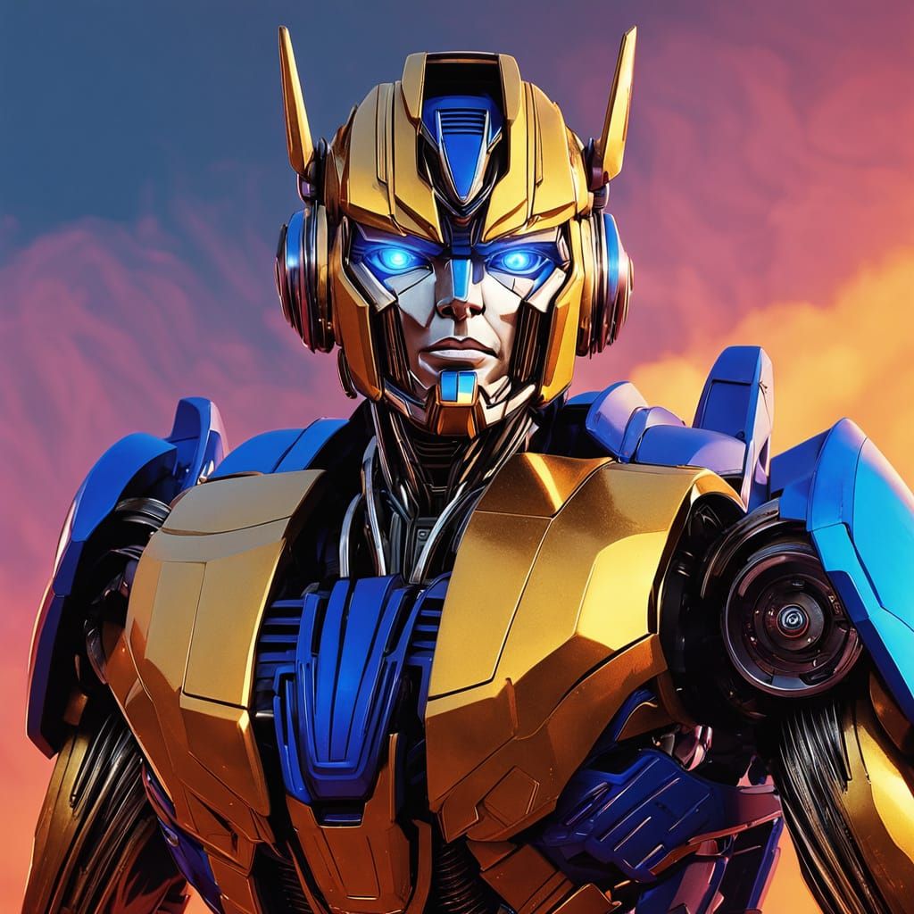 Transformer Robot Strikes Heroic Pose in Comic Book Style