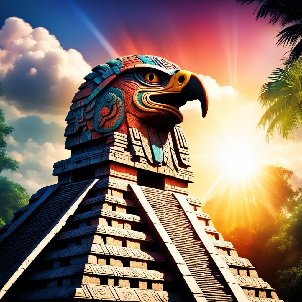 Vibrant Mayan Temple and Aztec Eagle Silhouette