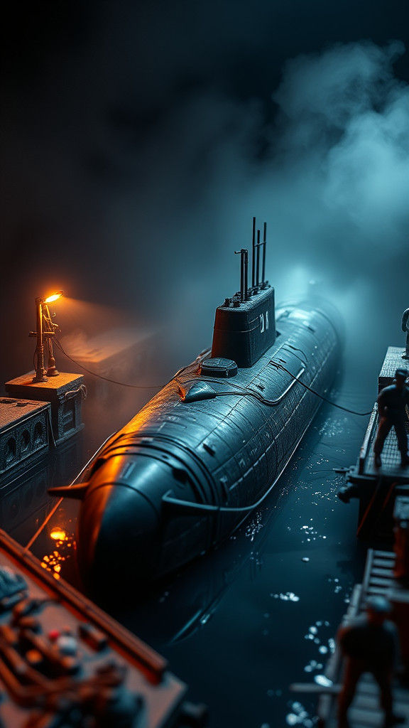 Miniature WWII German U-Boat Base in Dense Fog