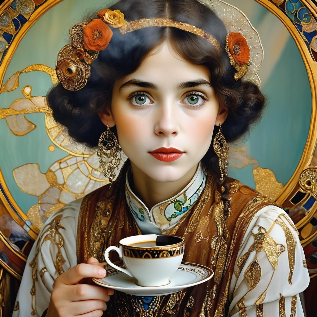 Imagen artística Art Nouveau del retrato de la mujer que beb...