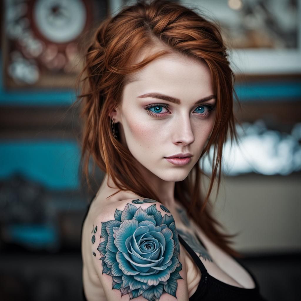 High-Definition Portrait of Blue-Eyed Woman with Tattoo