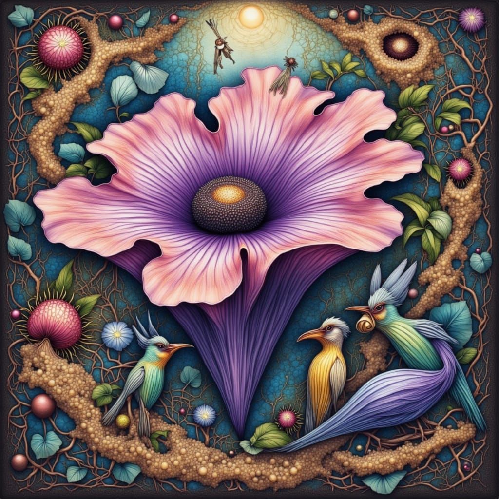 <lora:Construction MKII:1.0> <lora:Fractured Gaze:1.0> Ethereal, dreamlike scene of a delicate aubergine-colored botanic...