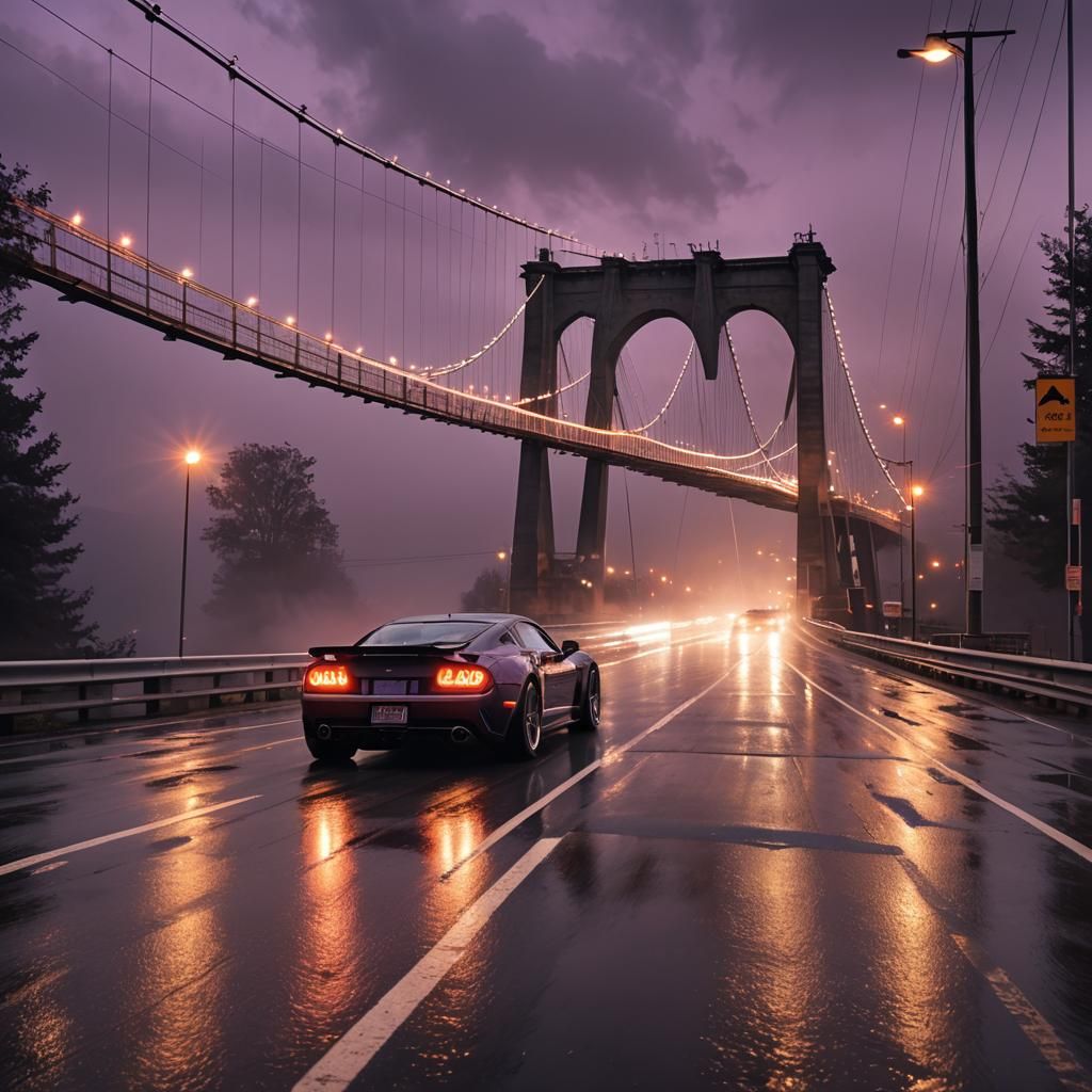 Sports Car Races Across Suspension Bridge at Dusk