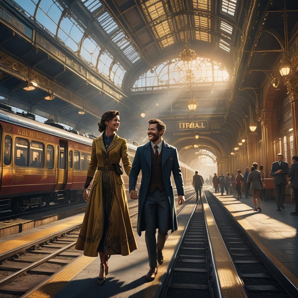 Woman Greets Man at Station in Matte Painting
