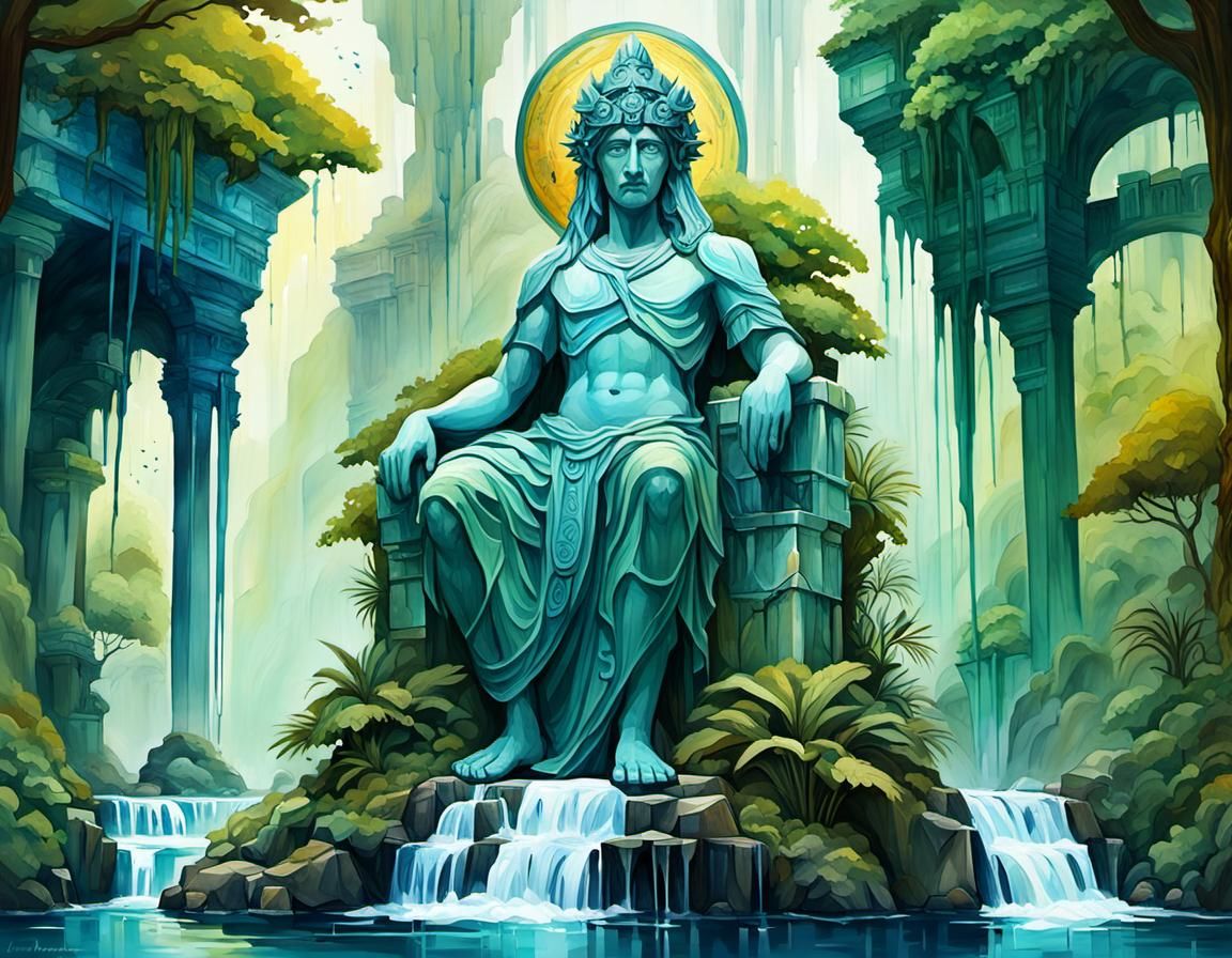 Greek Druid Statue Guarding Jungle Waterfall