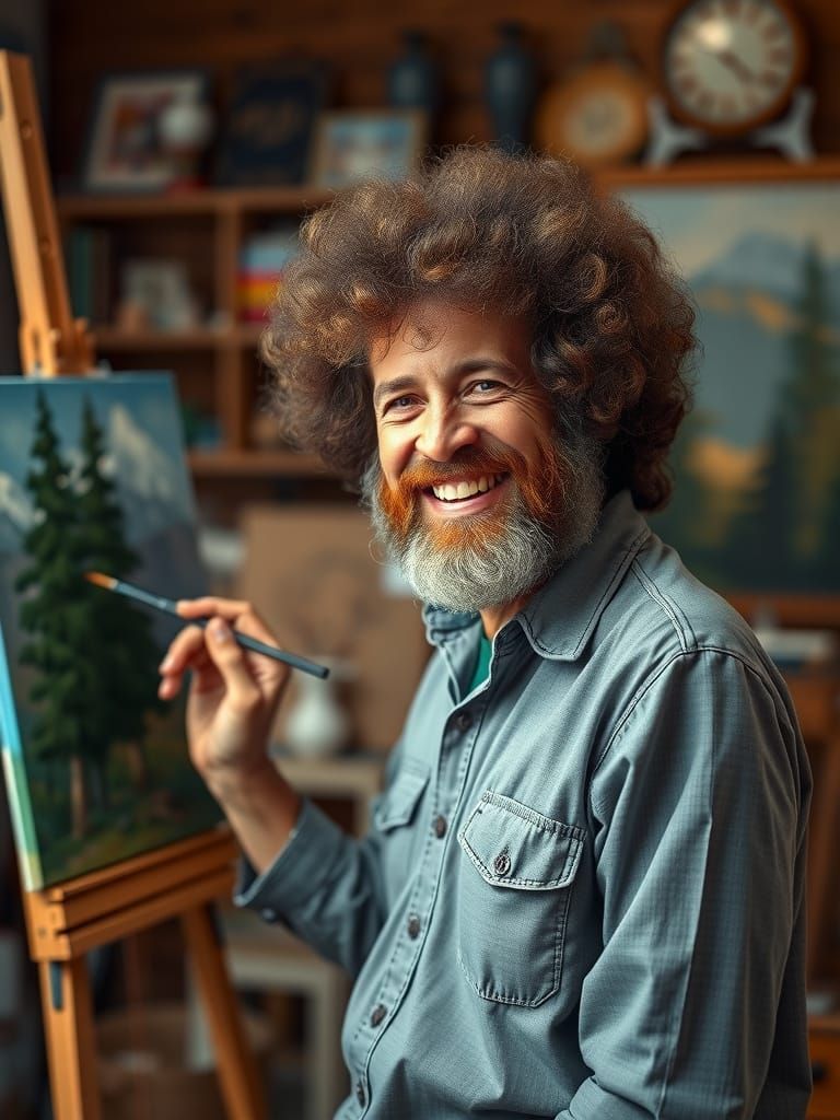 Bob Ross painting his happy little trees