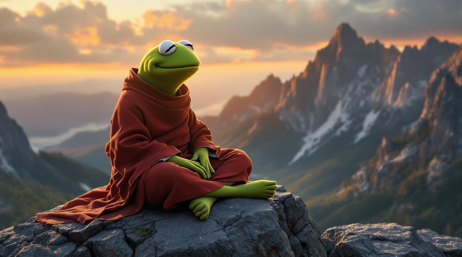 Meditative Kermit the Frog in Detailed 3D Render