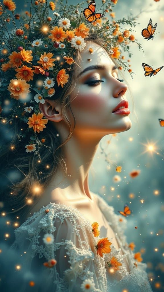 Ethereal Woman in Musical Paradise Acrylic Painting