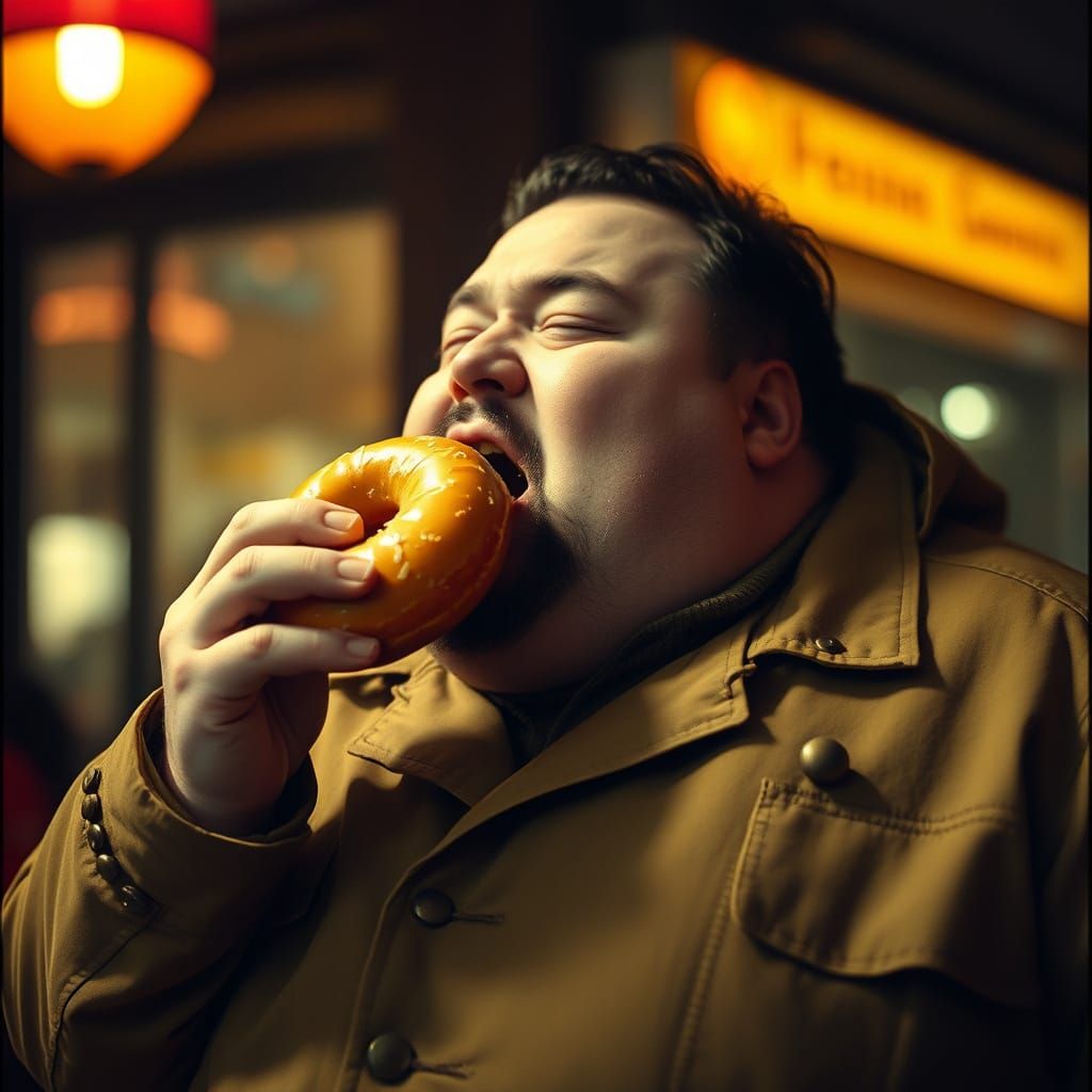 Man in Cinematic Film Style, Devouring Donut in Moody Atmosp...