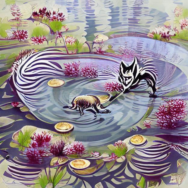 Zebra Fox Runs on Lilypad Water: Art Nouveau