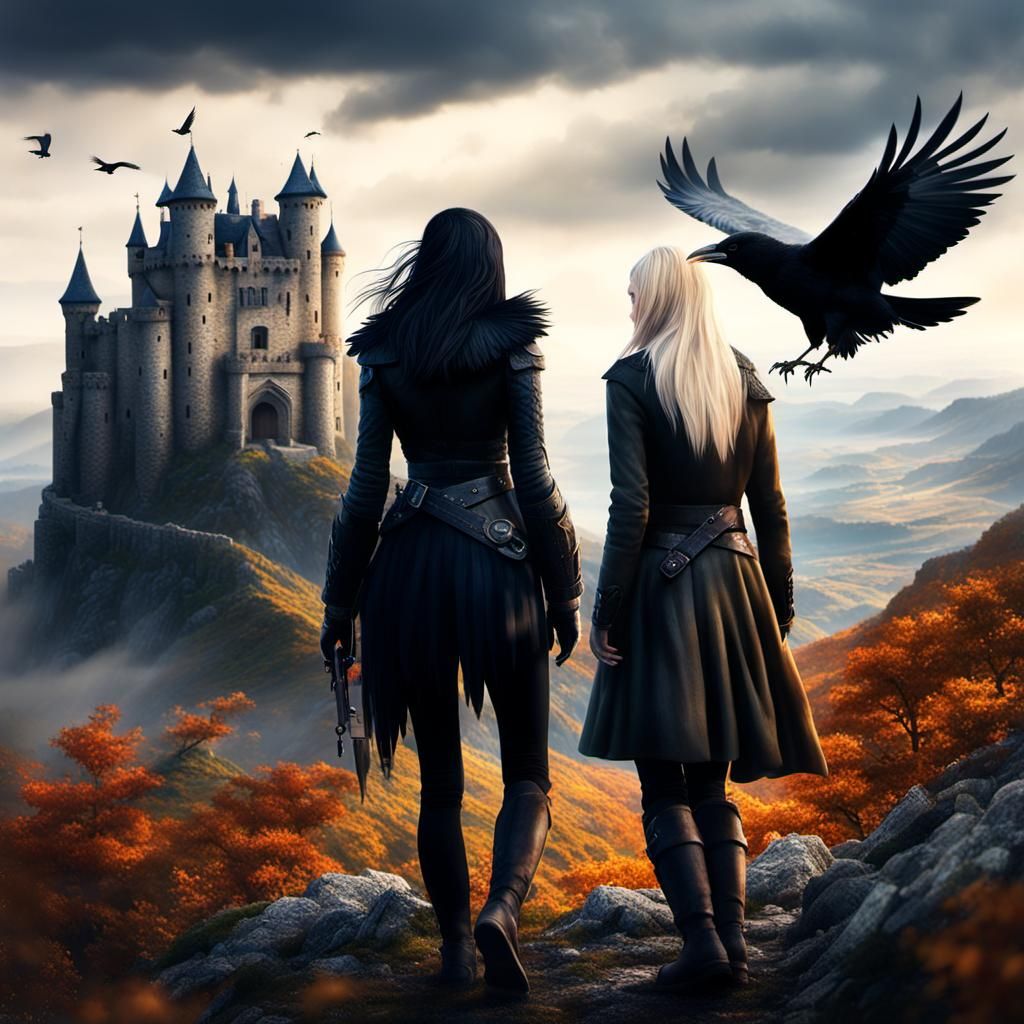 Mountain Castle with Raven and Hunting Girls