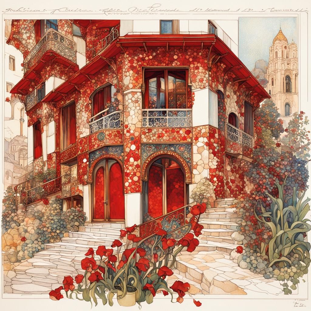 Art Nouveau Architecture in Crimson and Floral Style