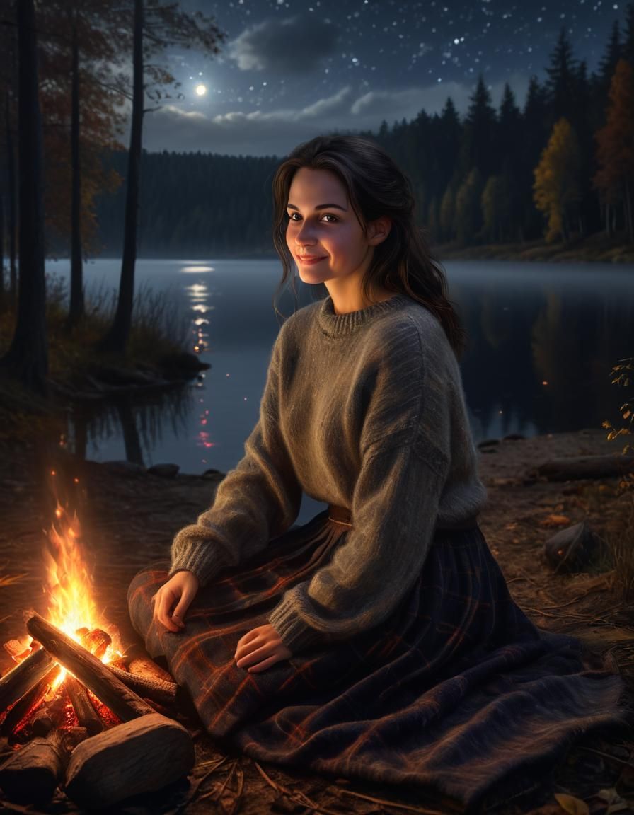 Chiaroscuro Oil Painting of Woman by Campfire