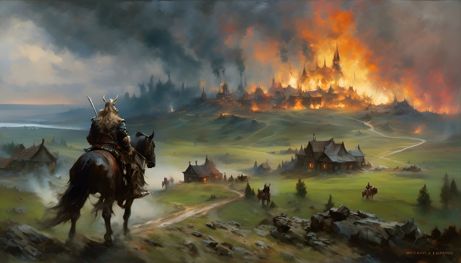 Viking Returns to Burning Village in Chiaroscuro Style