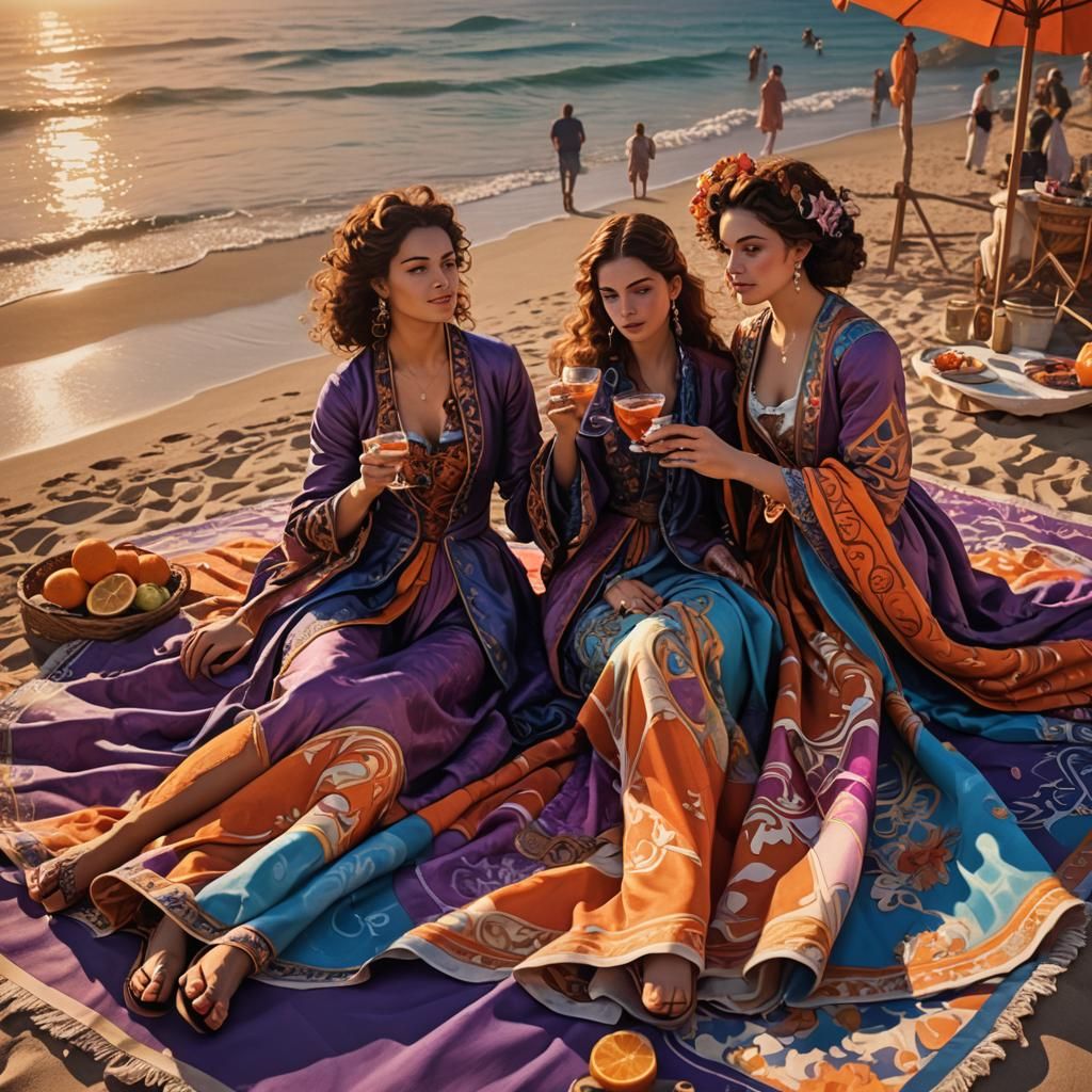 Baroque Fantasy: Women at Sunset on Mediterranean Beach