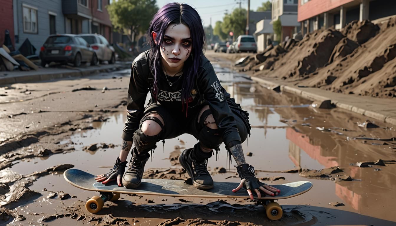 Goth girl Skateboarding on a very muddy street