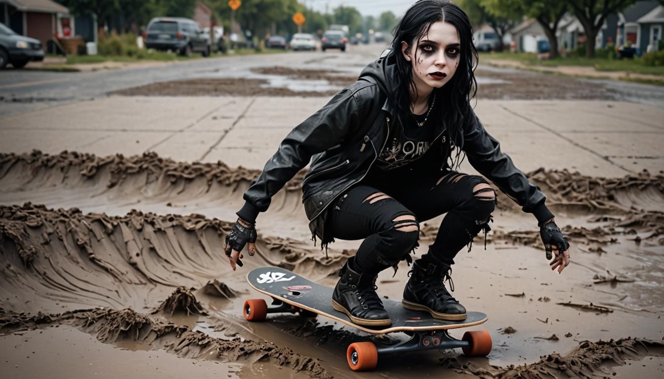Goth girl Skateboarding on a very muddy street