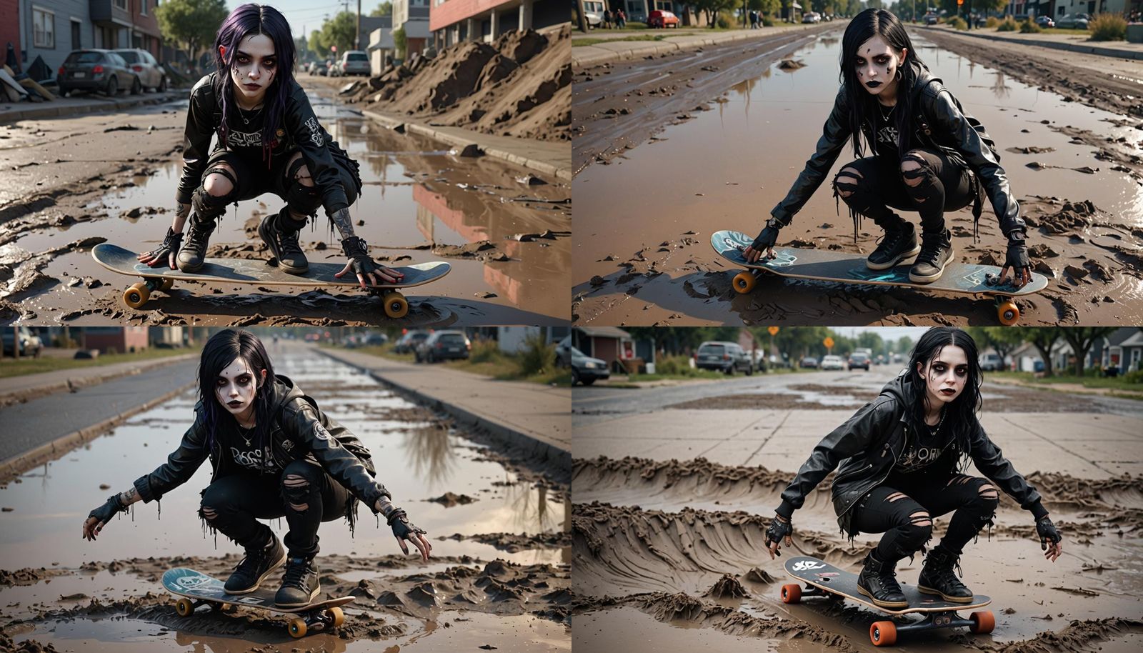 Goth girl Skateboarding on a very muddy street