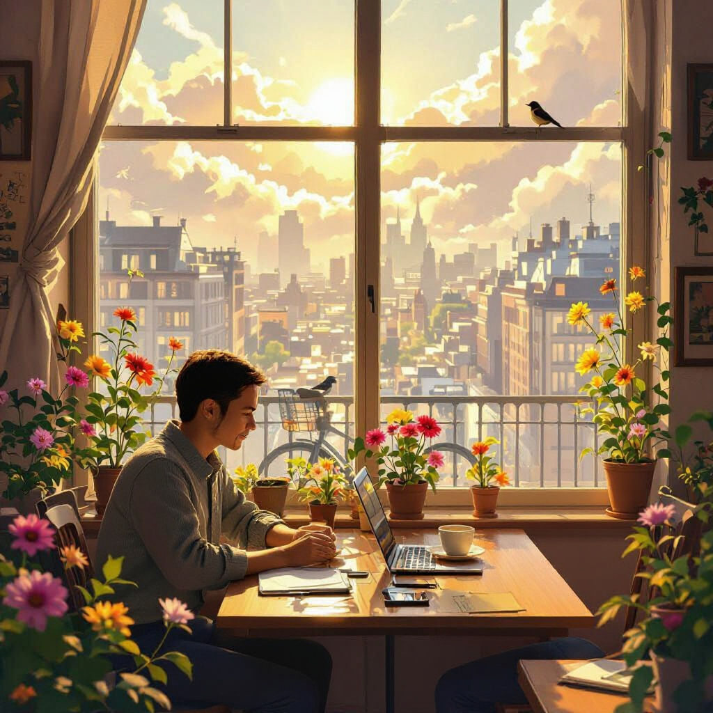 Golden Light Over Urban Workspace: A Hopeful Morning