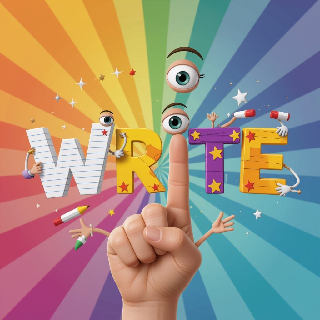 Animated Finger Points to "WRITE" Made of Art Supplies